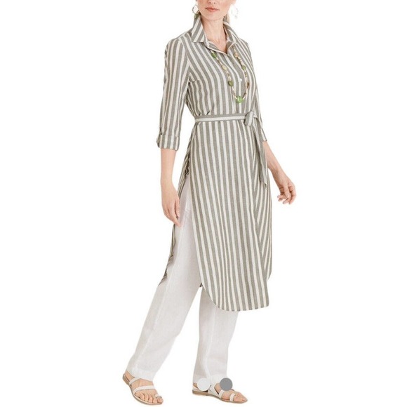 CHICO'S Striped Linen Blend Maxi Tunic Top Size 8-10 Belted Gray White Lagenlook - Picture 1 of 15